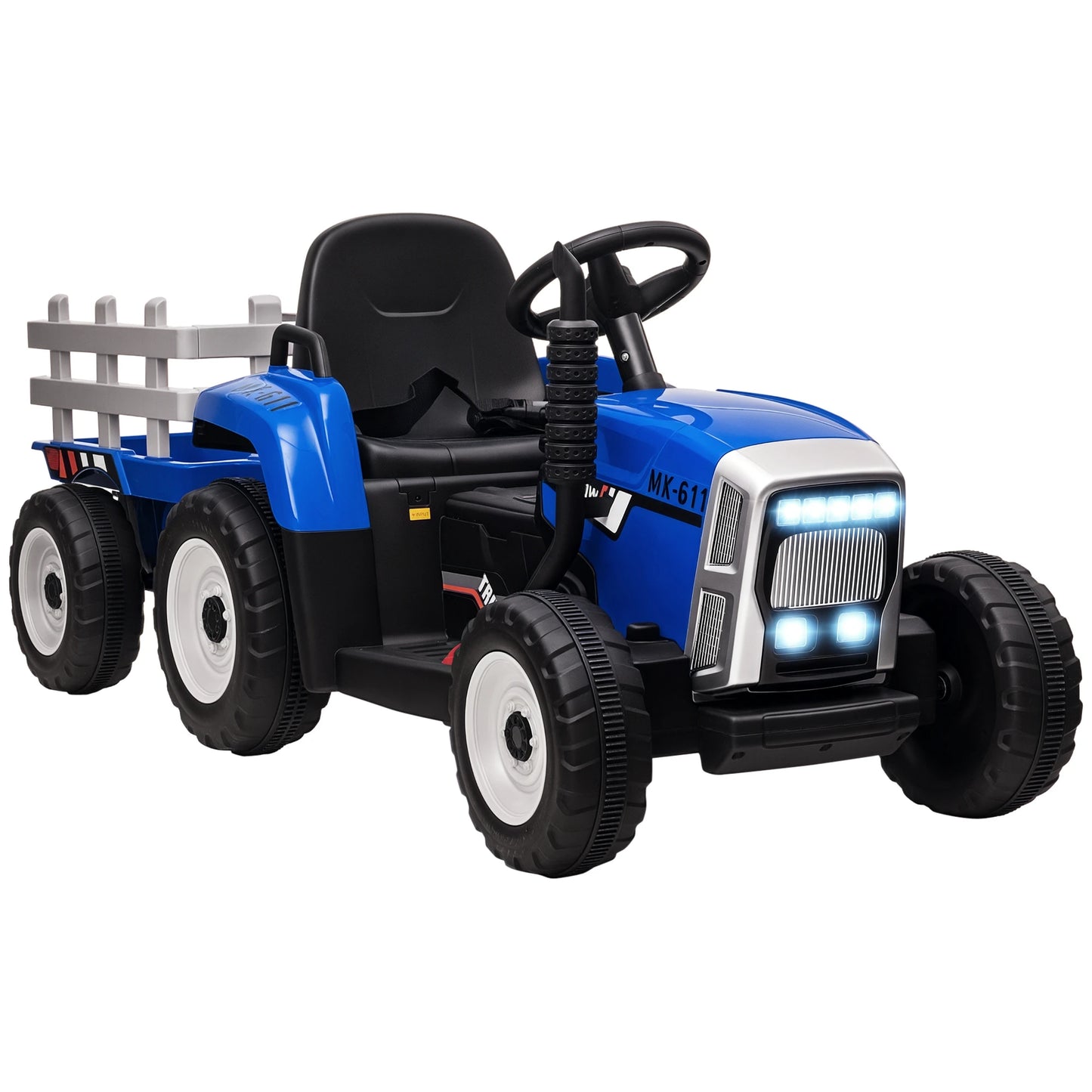 Children's Electric Car with Trailer, Remote Control, Child Control or Remote Control, Headlight, 3-6 Km/H, Size 136.5X50X52.5Cm, Load Capacity 30 Kg, Blue