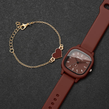 2PCS Fashion Arabic Dial Women Quartz Watch Heart Bracelet Set Square Silicone Strap Wristwatches Reloj Mujer (Without Box)