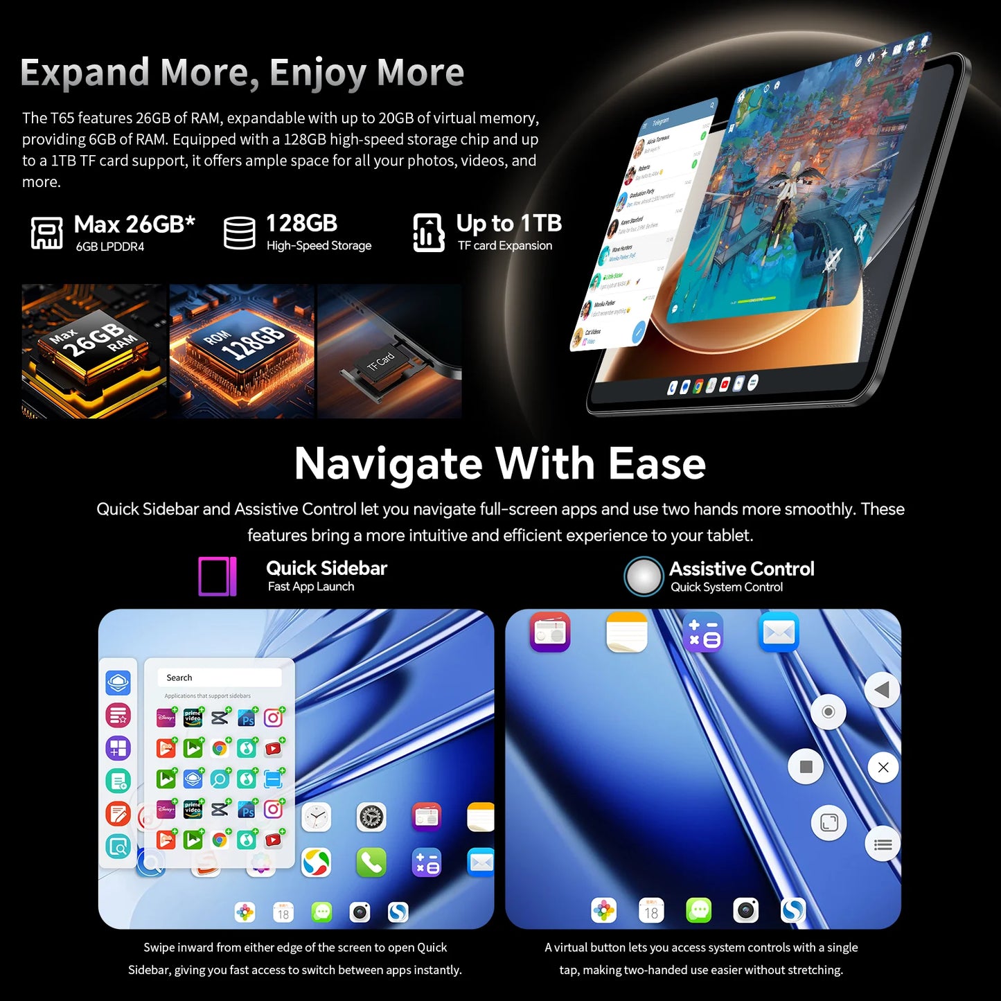 Teclast T65 Android 16 Tablet 13.4 Inch 1920X1200 120Hz T7280 8 Cores (6+20)Max 26Gb Ram 128Gb Rom 4g Lte 8000Mah 13Mp+5Mp