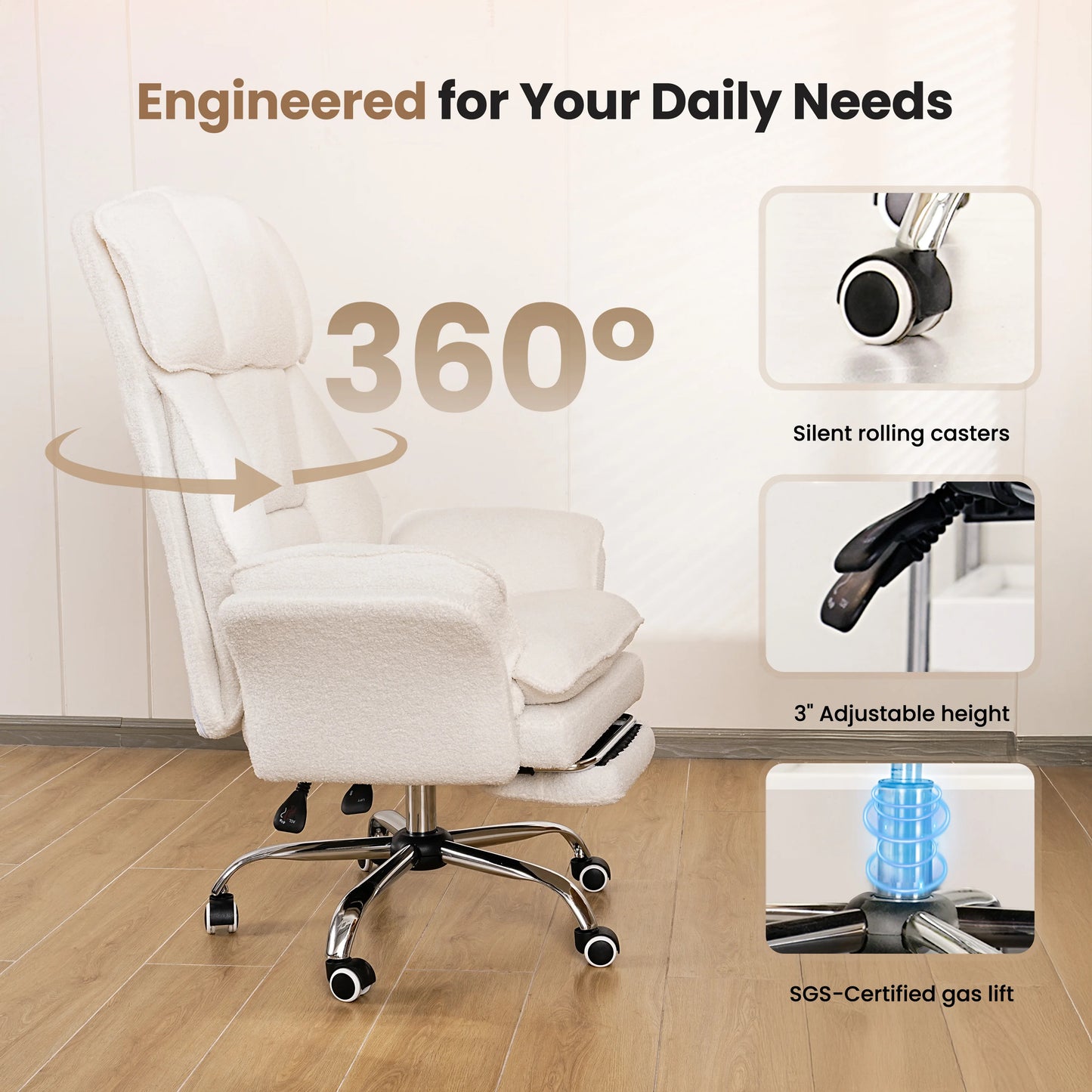 Pet Friendly Ergonomic Office Chair with Armrests, Cat Side Seat 360° Swivel Reclining Desk Chair for Cat Owners Furry Companion Work Chair with Footrest