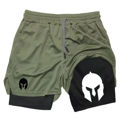 Men's Spartan Helmet Print Double Layer Gym Shorts, 2-in-1 Athletic Workout Running Casual Streetwear Short Pants WX099