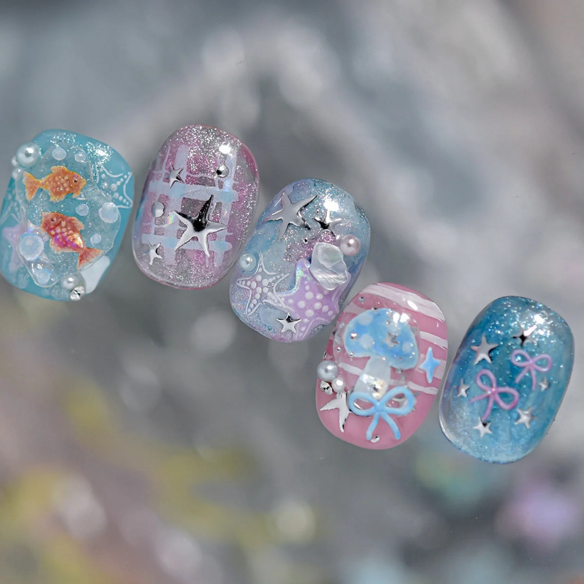 5D Starfish Fish Tail Small Fish Blue Bow Shell Silver Glitter Star Nail Art Stickers Ocean Fantasy Summer Nail Decals Manicure