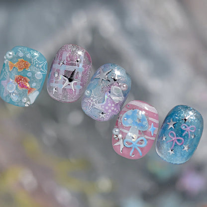 5D Starfish Fish Tail Small Fish Blue Bow Shell Silver Glitter Star Nail Art Stickers Ocean Fantasy Summer Nail Decals Manicure