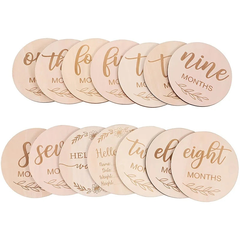 Wooden Baby Monthly Milestone Photo Cards, Double Sided Photo Prop Milestone Discs, Baby And Pregnancy Growth Announcement Cards