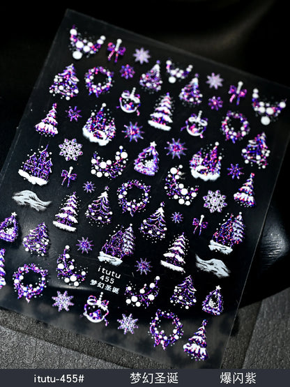 5D Embossed Gold Castle/Garland/Christmas Tree Nail Stickers White Snowflakes Bow Star Nail Decals Self-Adhesive Xmas Nail Decor