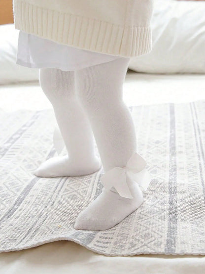0-36 Month Baby Girls Solid Color Pantyhoses with Threaded Bowknots,Elastic Waist Leggings Tights for Casual Daily Spring Autumn