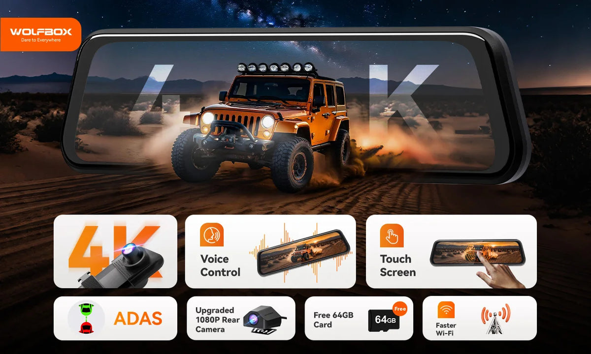 WOLFBOX M40 Dash Cam 4K+1080P With Voice Control ADAS Built in 5GHZ WI-FI and GPS Video Recorder Front and Rear Dash Camera