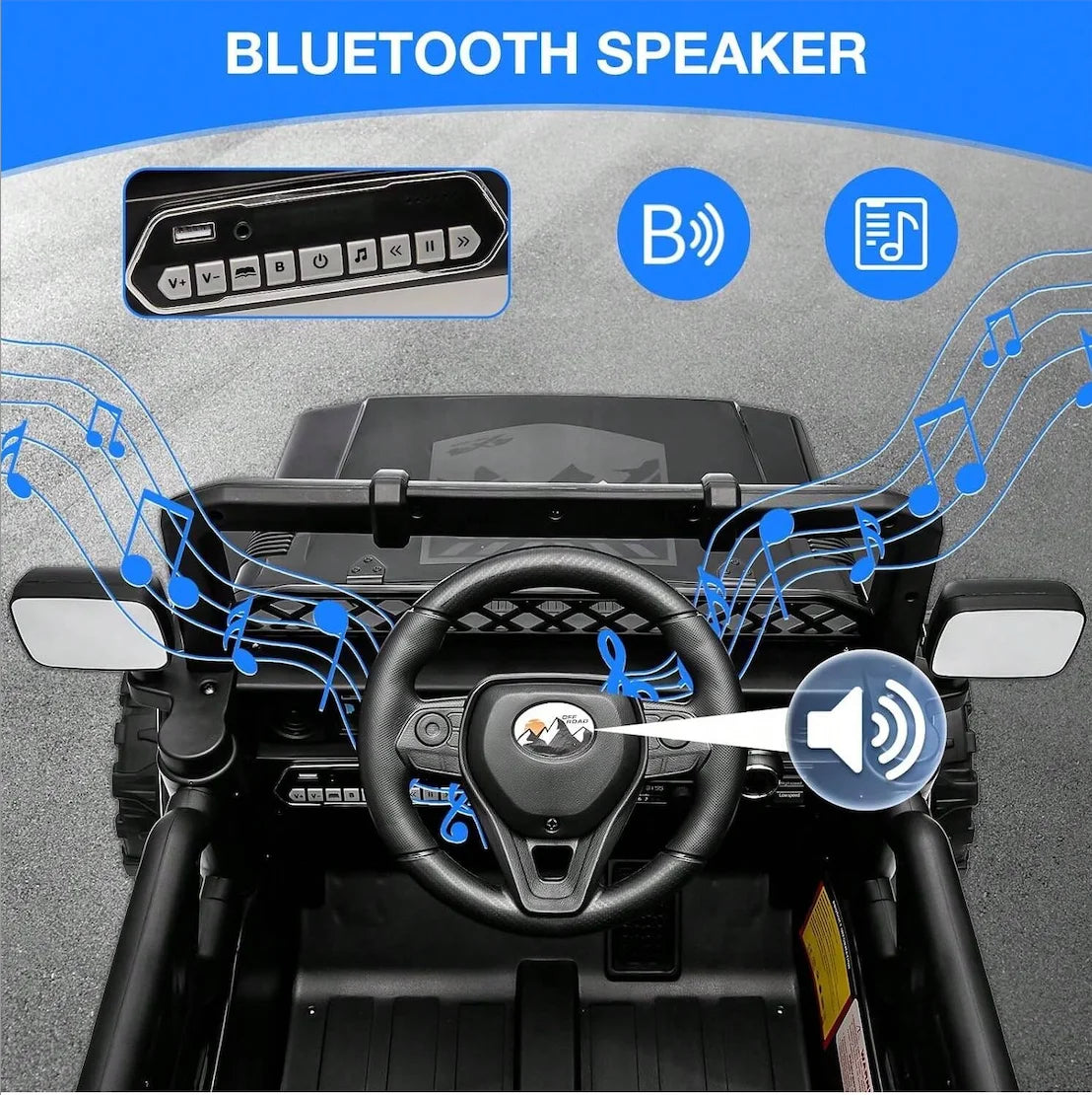HAUSPROFI 12V Off-Road Ride-On Electric Car Toys for 3+ Years,With LED Lights,Remote Control,Seat Belt ,Bluetooth, 3-Speeds, Suspension