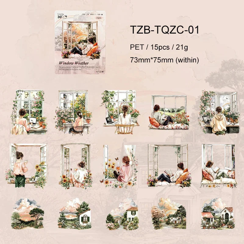 JIANWU Weather Window Series Vintage Plant Flower Landscape Material Collage PET Sticker Creative DIY Journal Stationery