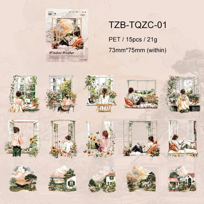 JIANWU Weather Window Series Vintage Plant Flower Landscape Material Collage PET Sticker Creative DIY Journal Stationery