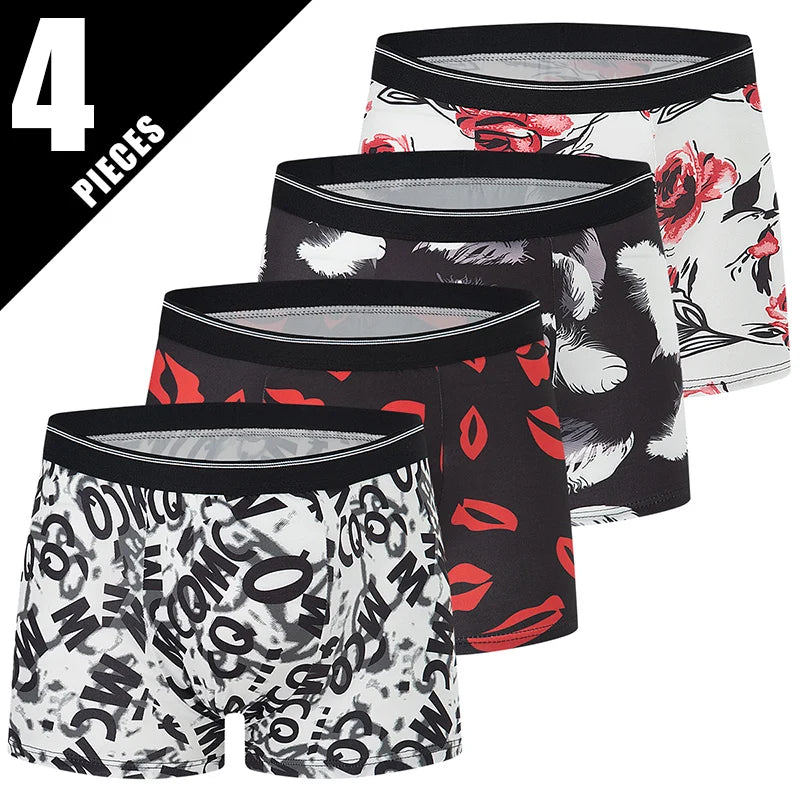 4-piece Set Of Men's Seasonal Fashionable Printed Underwear Comfortable Elastic Waist Flat Angle Pants Plus Size Casual Shorts