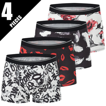 4-piece Set Of Men's Seasonal Fashionable Printed Underwear Comfortable Elastic Waist Flat Angle Pants Plus Size Casual Shorts