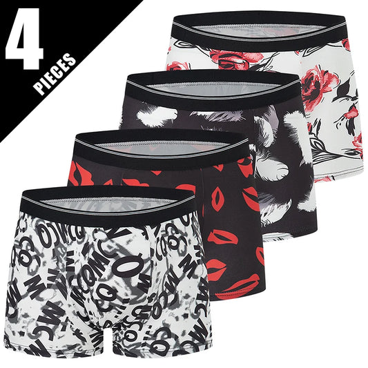 4-piece Set Of Men's Seasonal Fashionable Printed Underwear Comfortable Elastic Waist Flat Angle Pants Plus Size Casual Shorts