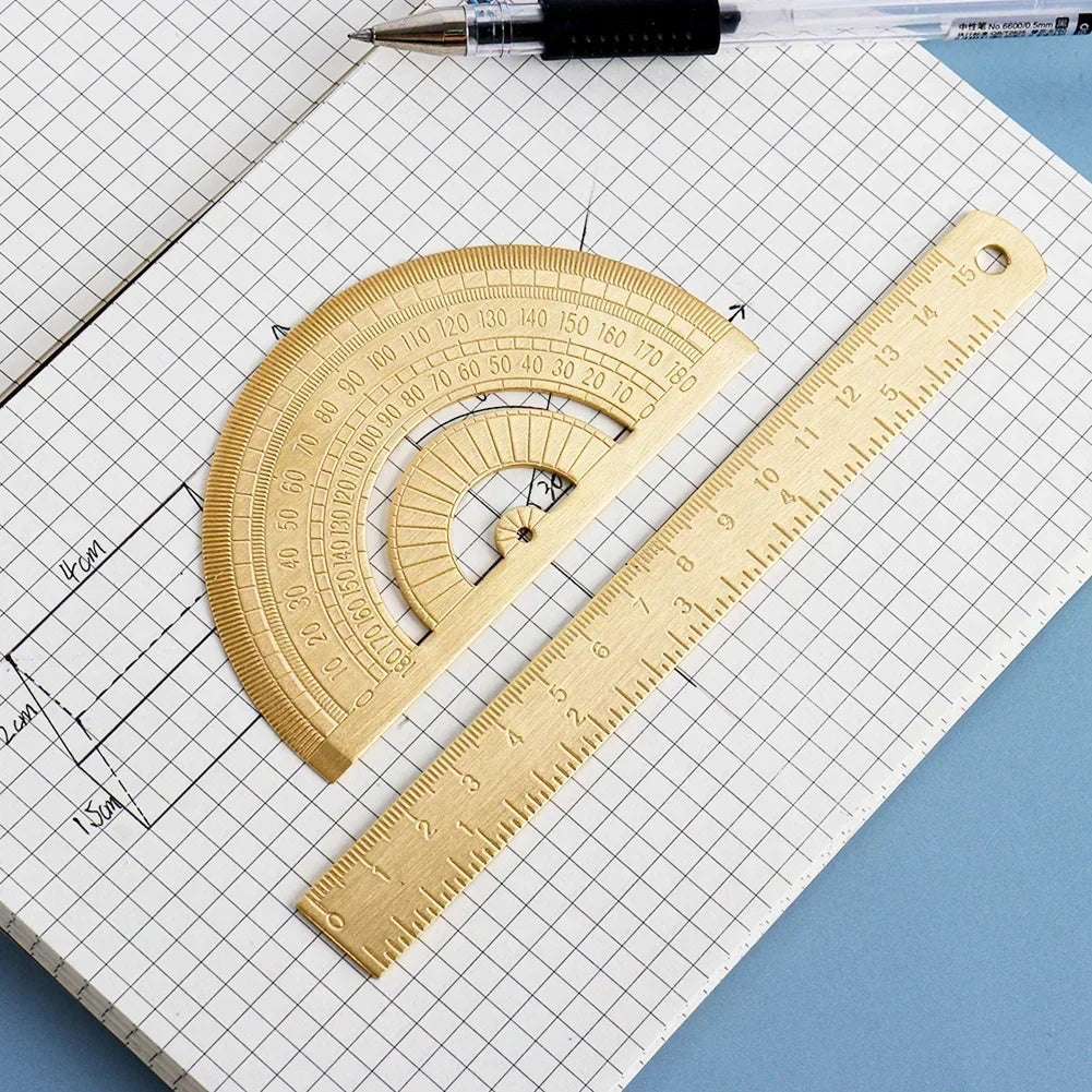 Retro Brass Straight Ruler Student School Office Stationery Metal Triangle Rulers Protractor Painting Drawing Measuring Tools