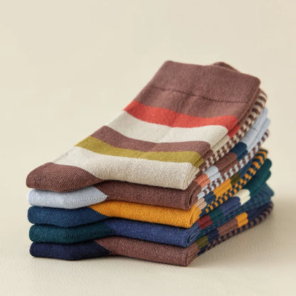 5 Pairs Combed Cotton Men's Socks Outdoor Party Compression Socks Fashion Colorful Square And Stripe Happy Dress Socks Men