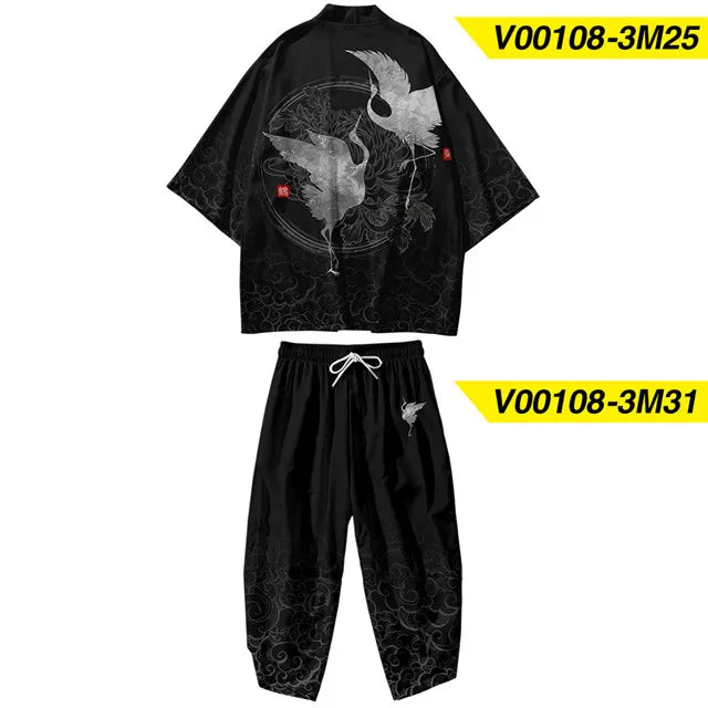 Large Size 5XL 6XL Japanese Kimono Cardigan Pants Set Print Fox Men Women Shirt Tradition Yukata Haori Obi Cosplay Costume