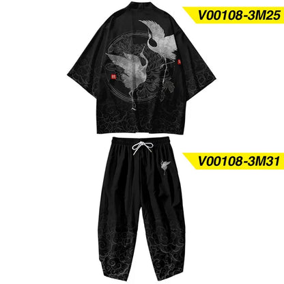 Large Size 5XL 6XL Japanese Kimono Cardigan Pants Set Print Fox Men Women Shirt Tradition Yukata Haori Obi Cosplay Costume