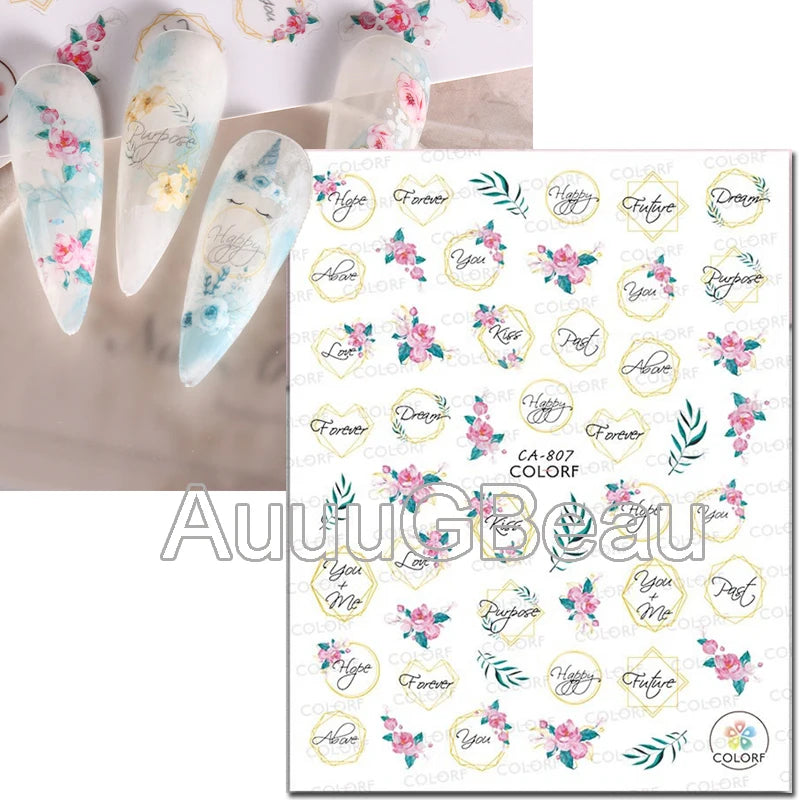 3d Nails Art Decals Spring Fruits Pink Full Tips Peony Magnolia Flowers Adhesive Sliders Stickers Decoration For Nails Manicure