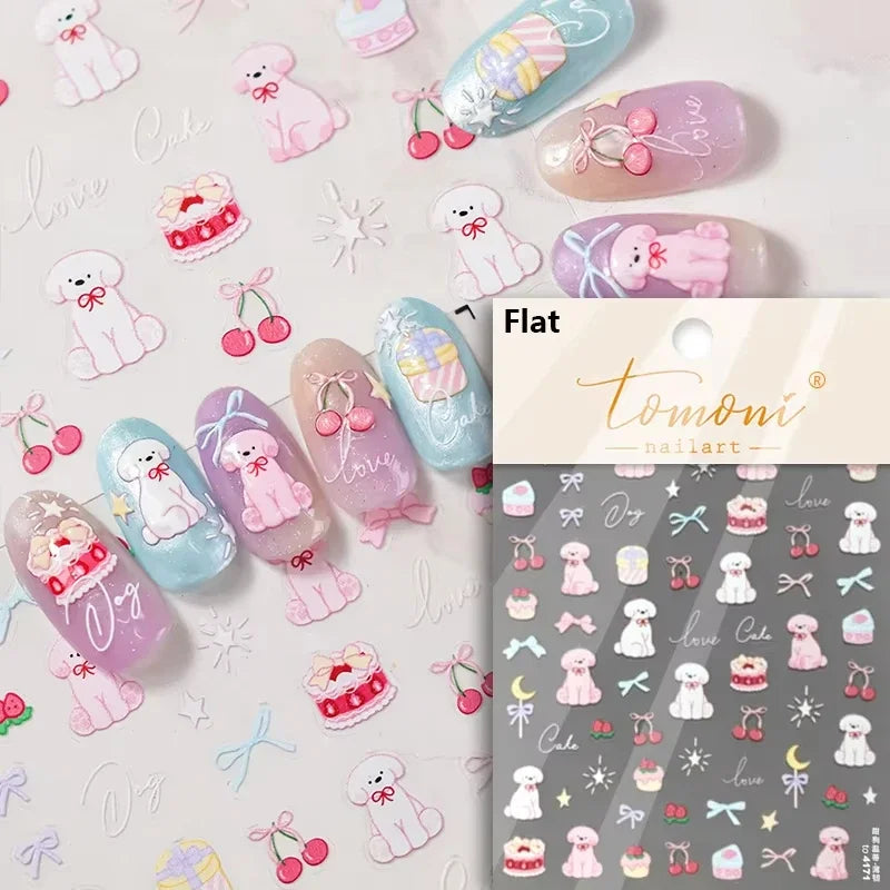 5D Cute Rabbit Love Heart Peach Blossom Flower Yellow Nail Art Stickers Bowknot DIY Self Adhesive Rhinestone Manicure Decals