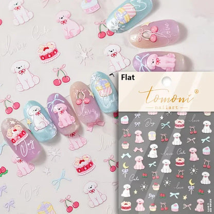 5D Cute Rabbit Love Heart Peach Blossom Flower Yellow Nail Art Stickers Bowknot DIY Self Adhesive Rhinestone Manicure Decals