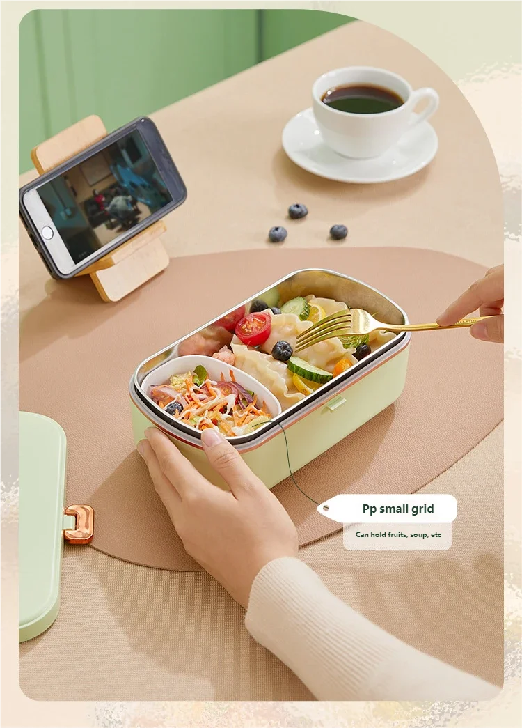HOMEFISH Stainless Steel Electric Lunch Box Food Warmer Bento Box Water-Free Heating Office Lunch Container with Built-In Heater
