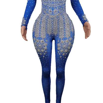 Sparkle Blue Rhinestones Jumpsuit Woman Stretch Leggings Singer Costume Birthday Party Club Stage Outfit Spandex Yatelandisi