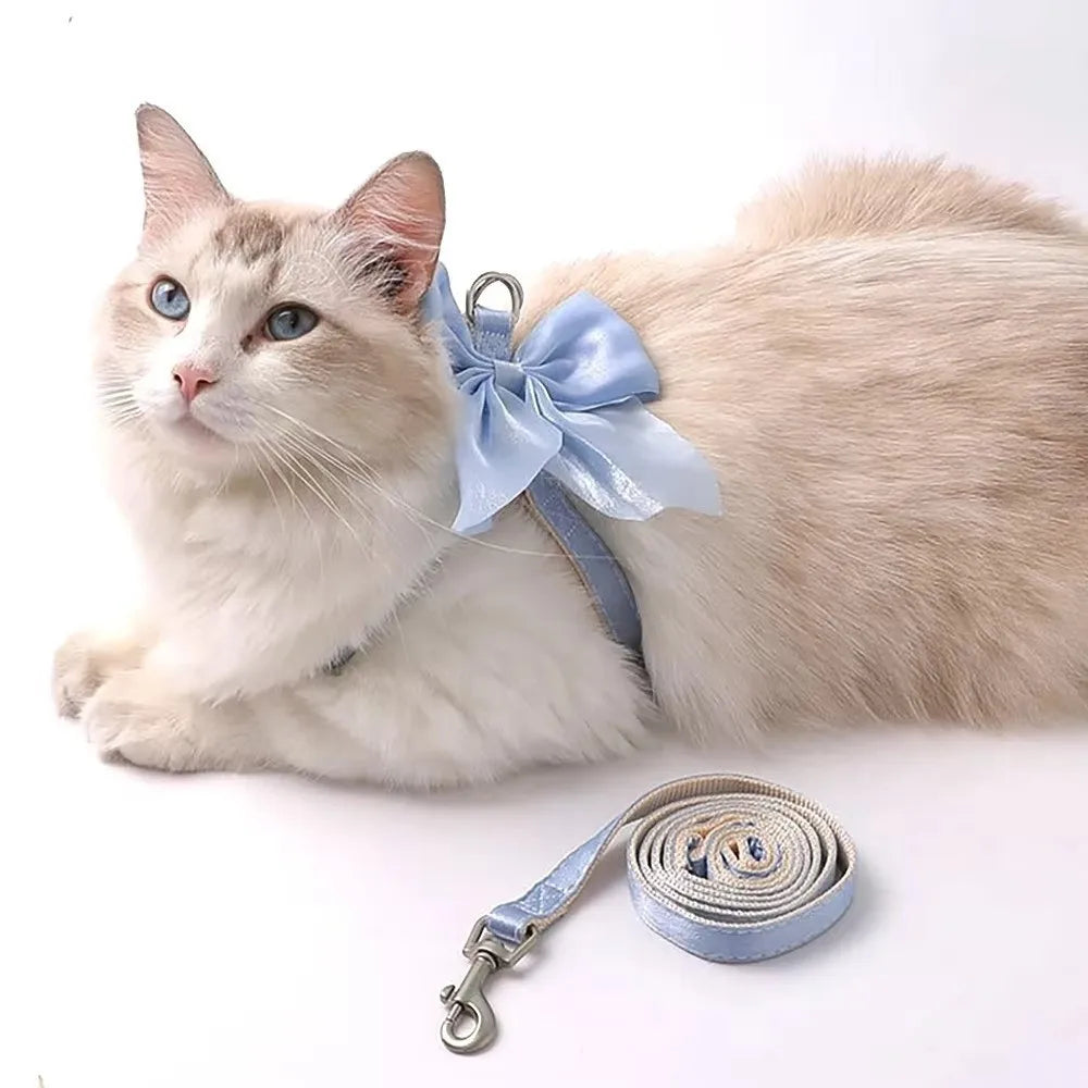 Cute Adjustable Bowknot Cat Harness Leash Escape Proof Shiny Bowknot Pet Harness Traction Rope Pet Decoration