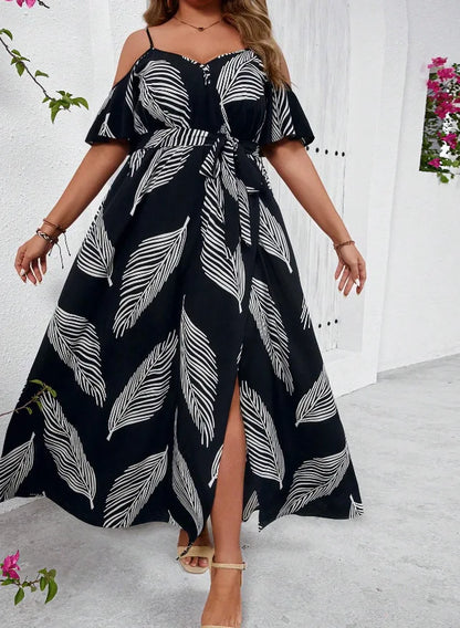 Plus Size Large Size Fashion Floral Print Women's Strap Dress Comfortable Casual Long Skirt Polyester Fabric Commute Style Th...