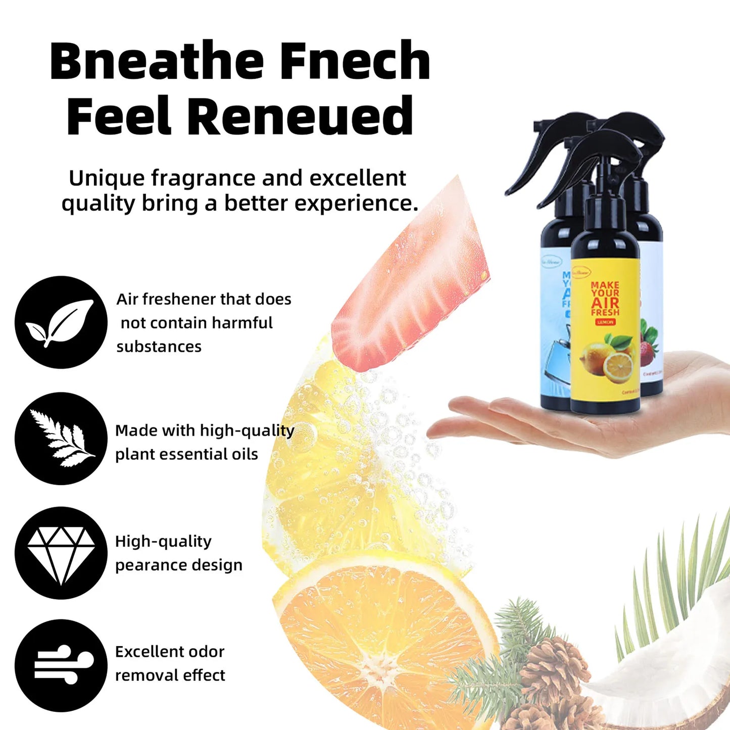 A 150ml car air freshener spray that doubles as a home fragrance. It effectively eliminates odors and can also be used as a hand