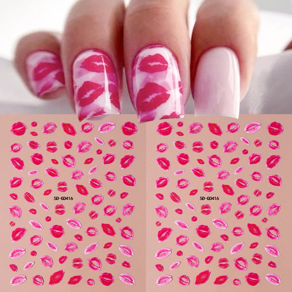 1sheet 5D Sexy Red Lips Nail Decal Stickers KISS Love Heart Valentine's Day Self-adhesive Nail Slider DIY Romantic Nail Decor