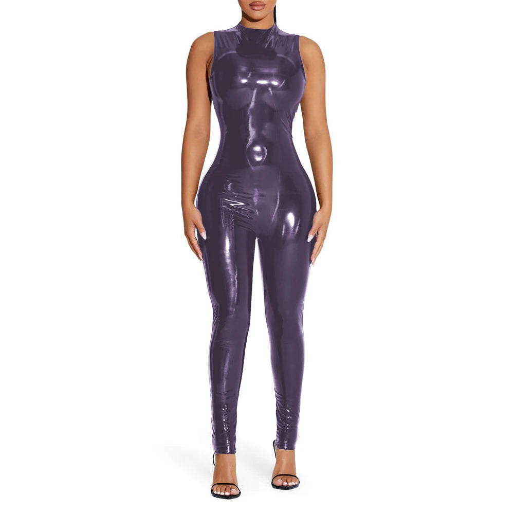 PVC Sleeveless Jumpsuit for Ladies, Wet Look, Shiny Patent Leather, O-Neck Bodycon, Tank Catsuit, Stretch Slim Rompers, Sexy