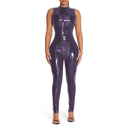 PVC Sleeveless Jumpsuit for Ladies, Wet Look, Shiny Patent Leather, O-Neck Bodycon, Tank Catsuit, Stretch Slim Rompers, Sexy