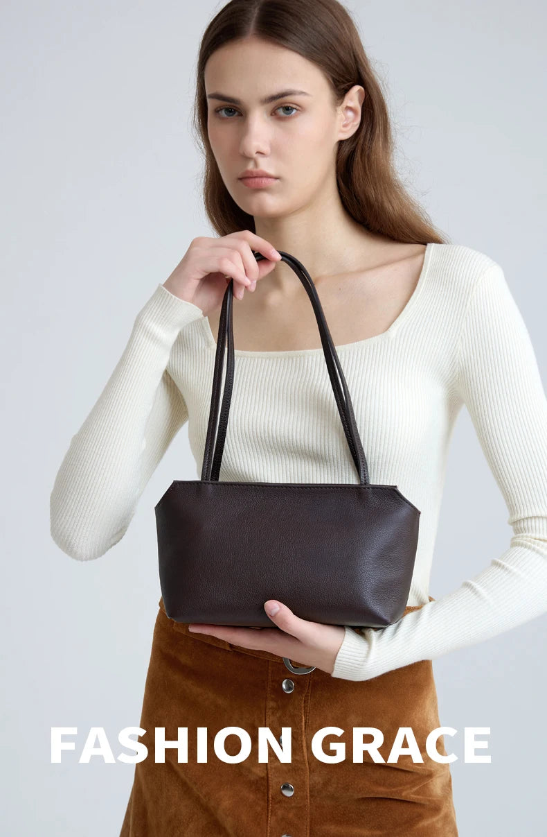 Luxury Women's Genuine Cowhide Leather Mini Shoulder Tote Bag Pebbled Leather Long Strap Underarm Handbag Minimalist Daily Purse