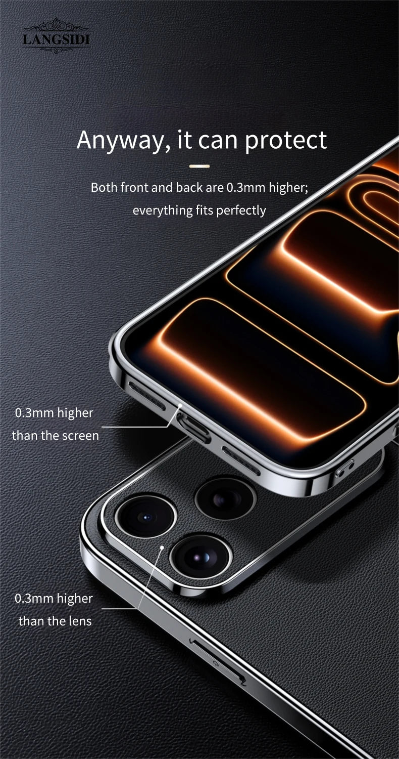 LANGSIDI Luxury Leather Phone Case for iPhone 17 16 15 Pro Max Air 17Pro 16Pro Full Lens Protection Back Cover