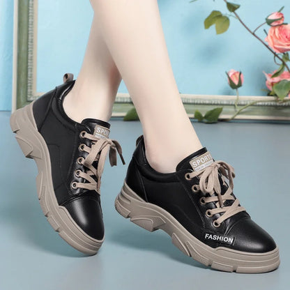 Spring Non-slip Soft Leather Sneaker Trekking Footwear New Women's Thick-soled Lace-up Leisure Skateboard Sports Shoes