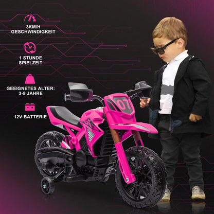12V electric motorcycle, children’s motorcycle with training wheels, kids’ car, featuring a horn and start-up sound, 3 km/h, pink, electric toy motorcycle, riding motorcycle