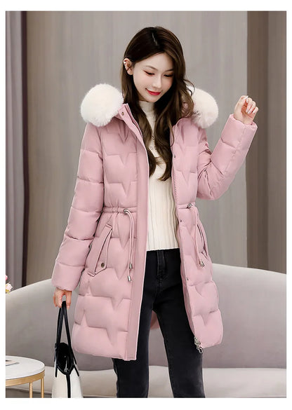 Hooded Women Parkas Coats Mid LenthJackets  Oversize Solid Fur Collar Zipper Drawstring Waist Loose Casual 2025 Autumn Winter