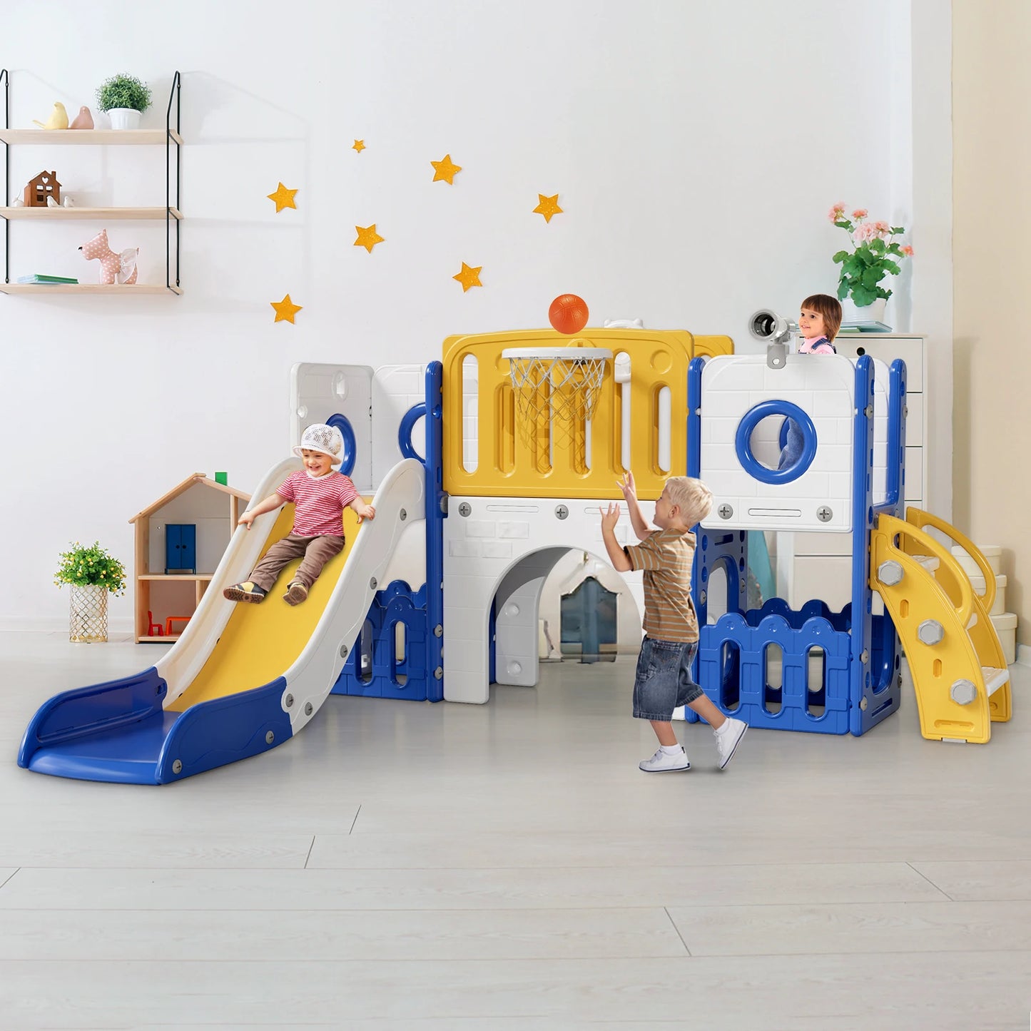 Toddler Slide, 9 in 1 Kids Slide and Climber Playset Indoor Outdoor Playground for Children, w/Basketball Hoop & Ball Telescope