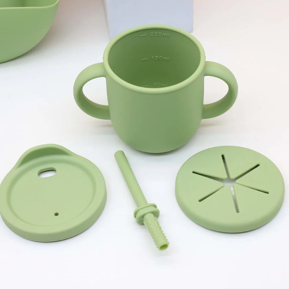 7pcs baby silicone tableware set, bib, dining plate, bowl with suction cup, 2-in-1 water cup, snack cup, wooden spoon and fork