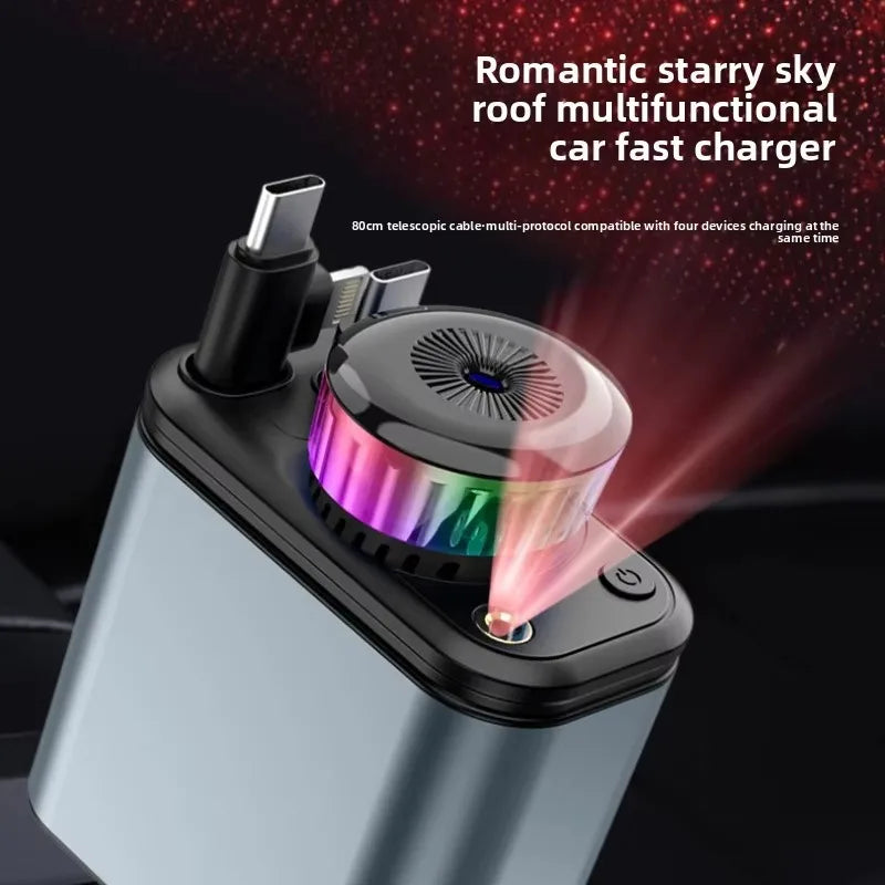120W 5-in-1 Car Fast Charger Retractable Cable PD 30W Digital Voltmeter Star Light Car Charging Adapter For IOS Android
