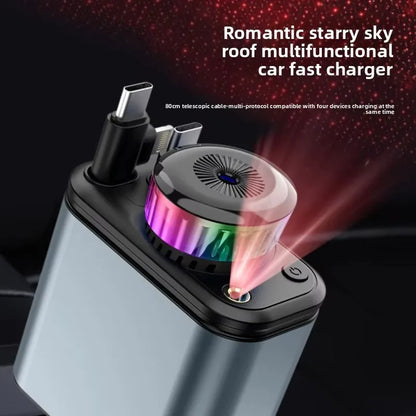 120W 5-in-1 Car Fast Charger Retractable Cable PD 30W Digital Voltmeter Star Light Car Charging Adapter For IOS Android