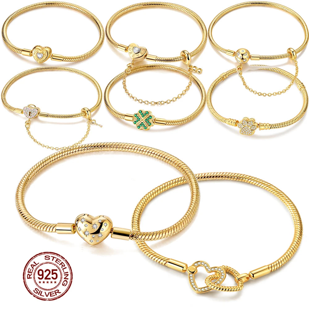 Original Bracelet 925 Sterling Silver Charm Bracelet 17-20CM Golden Heart Love Key Clover Bracelet Bangle Women Jewelry Gift