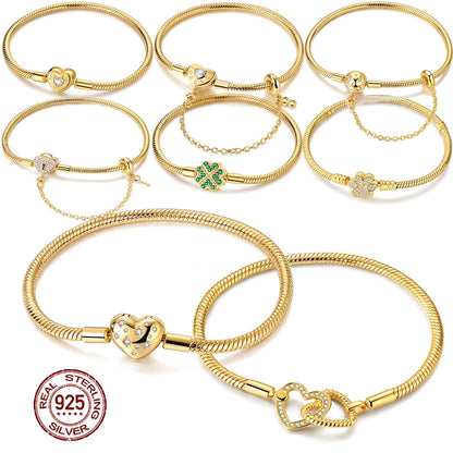 Original Bracelet 925 Sterling Silver Charm Bracelet 17-20CM Golden Heart Love Key Clover Bracelet Bangle Women Jewelry Gift
