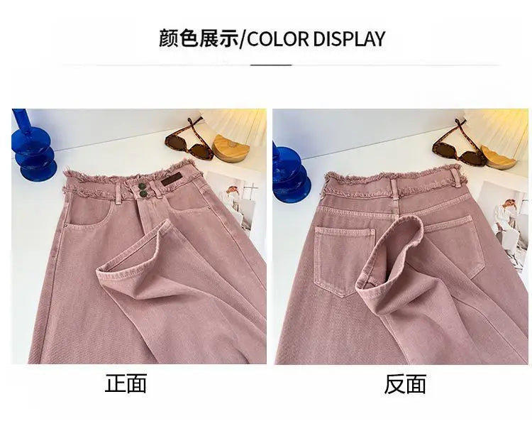 Korean Style Pink Jeans Women Spring Autumn High Waist Raw Edge Straight Denim Pants Simple Gentle All-matched Wide Leg Pants
