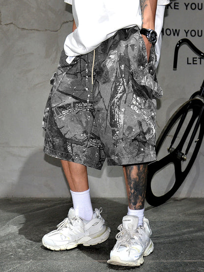 Men's fashionable workwear shorts, outdoor casual digital printed wide leg shorts, suitable for summer streetwear shorts, men's