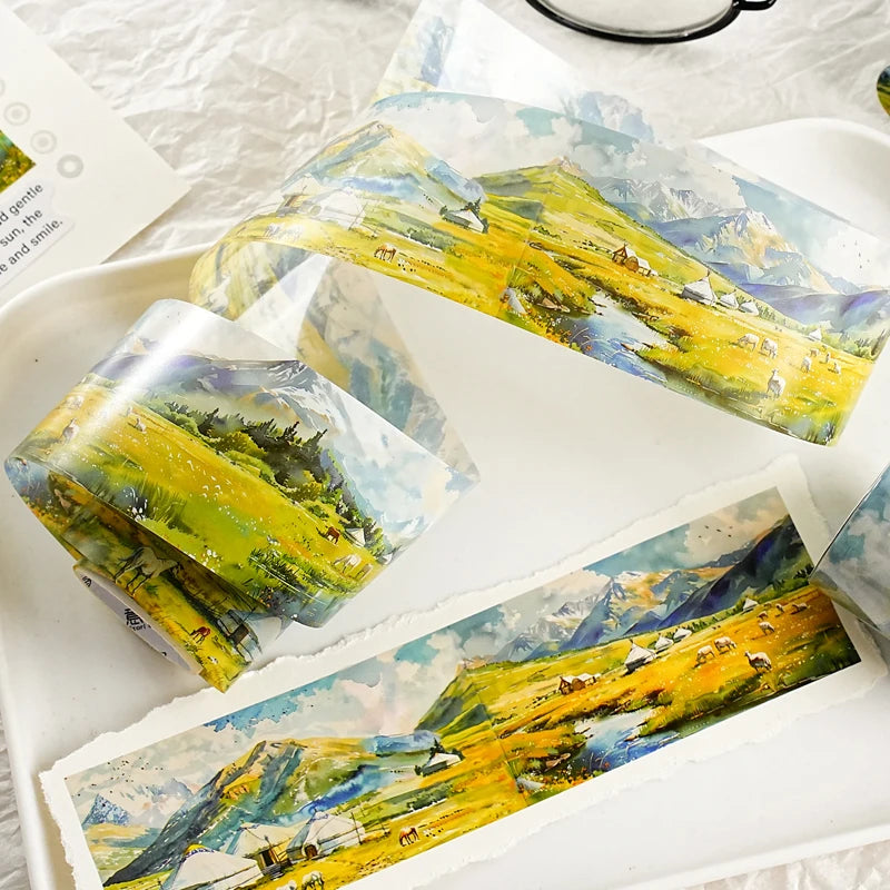 45mm * 2m Free Wind Series Retro Watercolor Landscape PET Stickers Creative Decor DIY Diary Scrapbook Collage Aesthetic Supplies