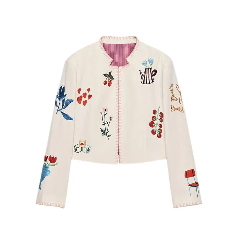 Embroidered Print Cropped Woolen Jacket Women Casual O Neck Full Sleeve Outwear 2025 Autumn Lady Daily Commuting Street Jackets