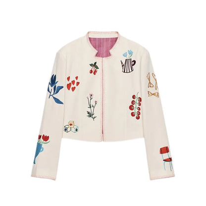 Embroidered Print Cropped Woolen Jacket Women Casual O Neck Full Sleeve Outwear 2025 Autumn Lady Daily Commuting Street Jackets