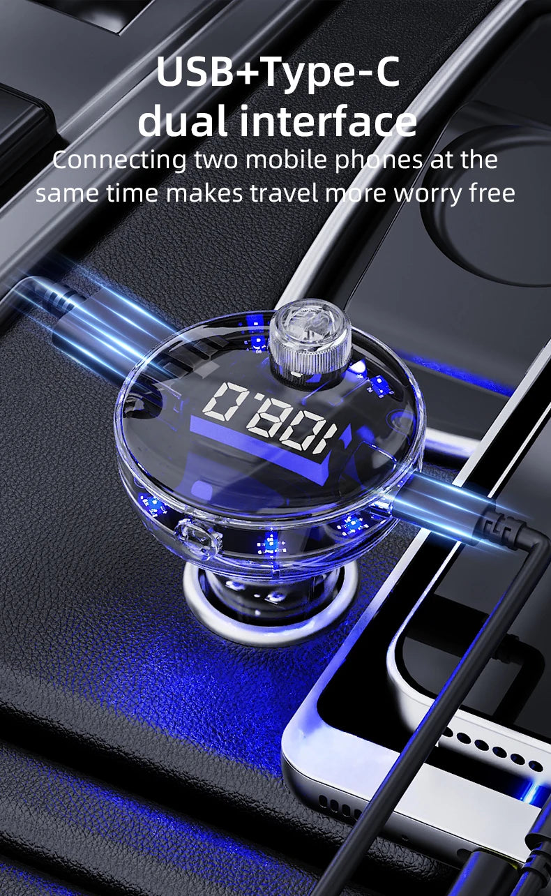 Transparent Car Bluetooth 5.4 FM Transmitter Handsfree Wireless Car Kit Colorful Light Car Charger Mp3 Player FM Modulator