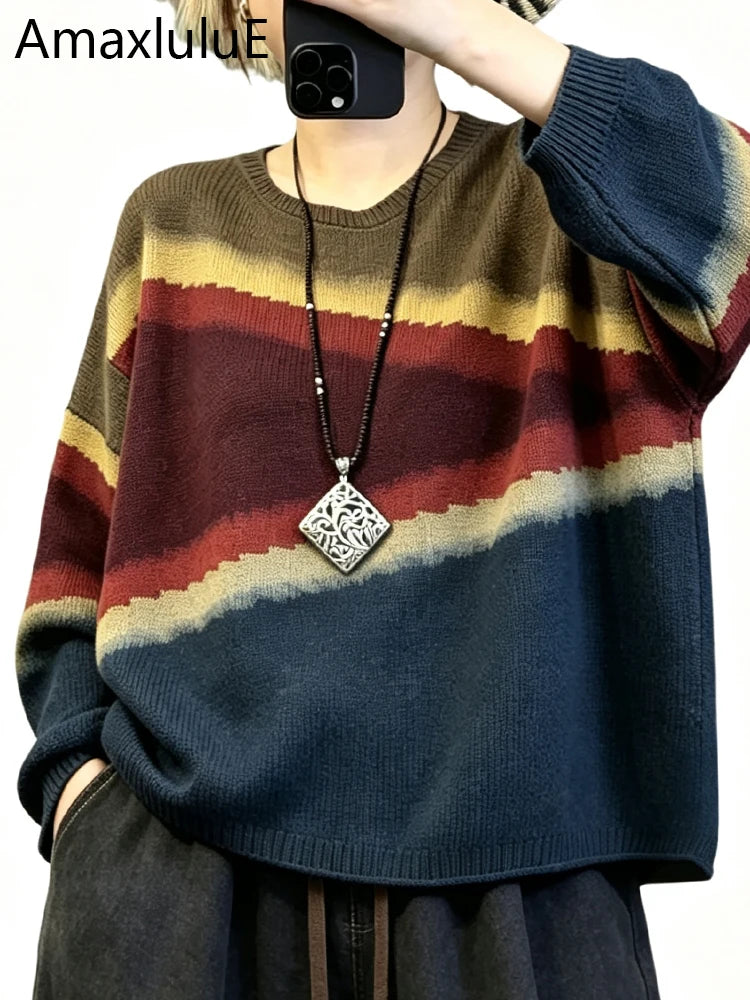 Amax LuluE European Design Womens Leisure Classic Sweaters Autumn Females Vintage Printed Jumpers Luxury Cotton O Neck Pullovers